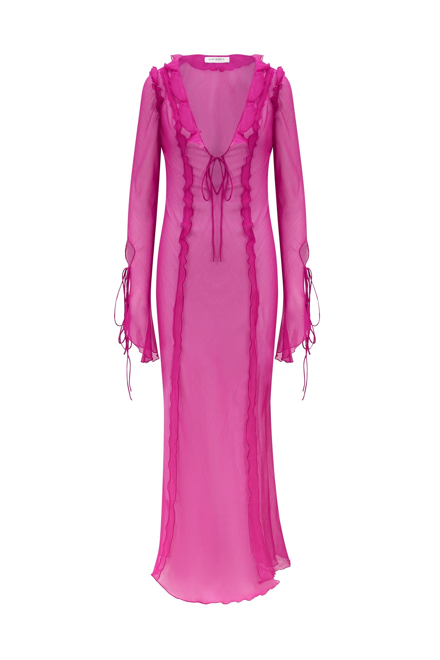 Fuffy Long Sleeve Mesh Split Maxi Dress In Pink