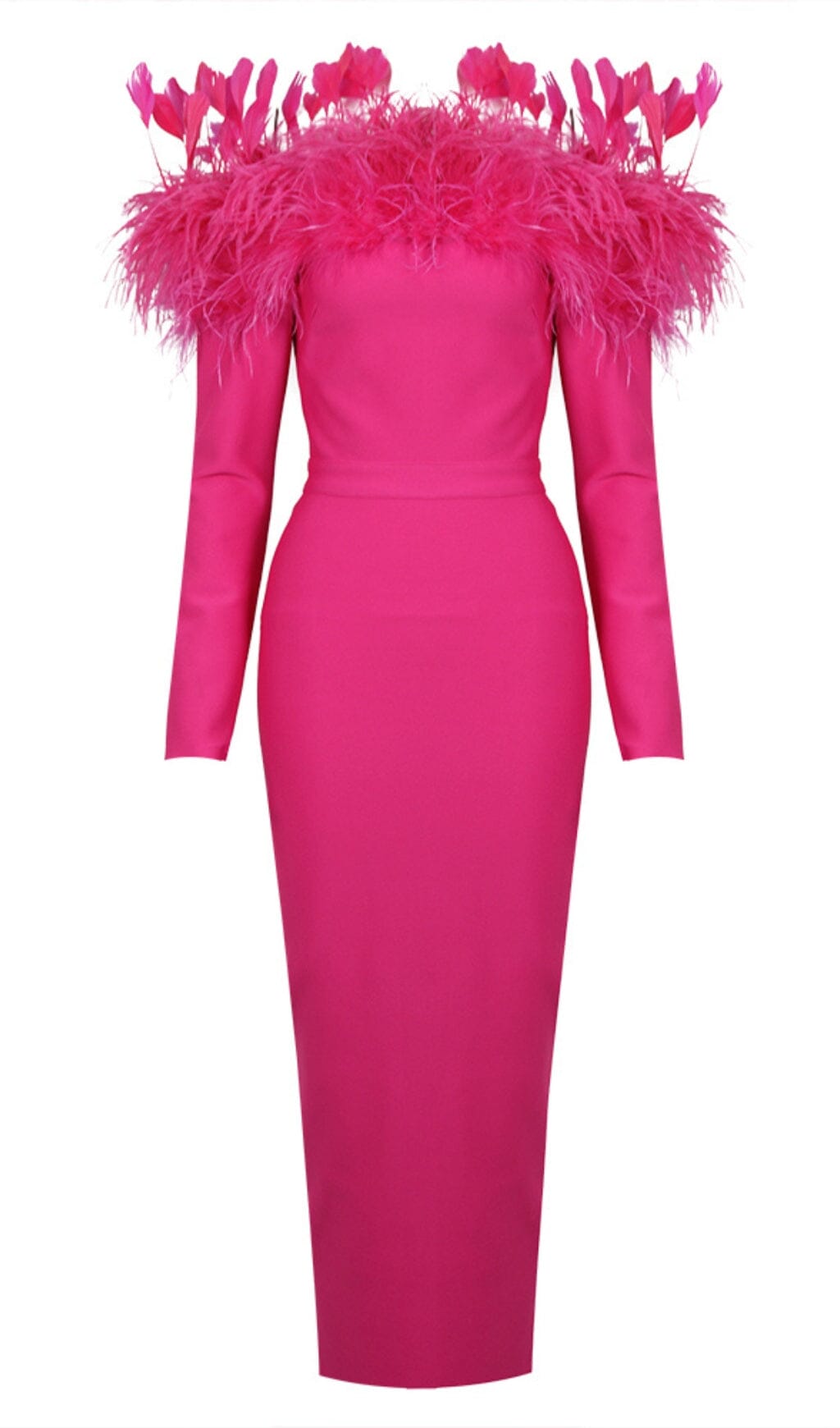 Jibaro Feather Trim Midi Dress In Crimson