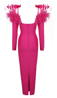 Jibaro Feather Trim Midi Dress In Crimson