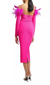 Jibaro Feather Trim Midi Dress In Crimson