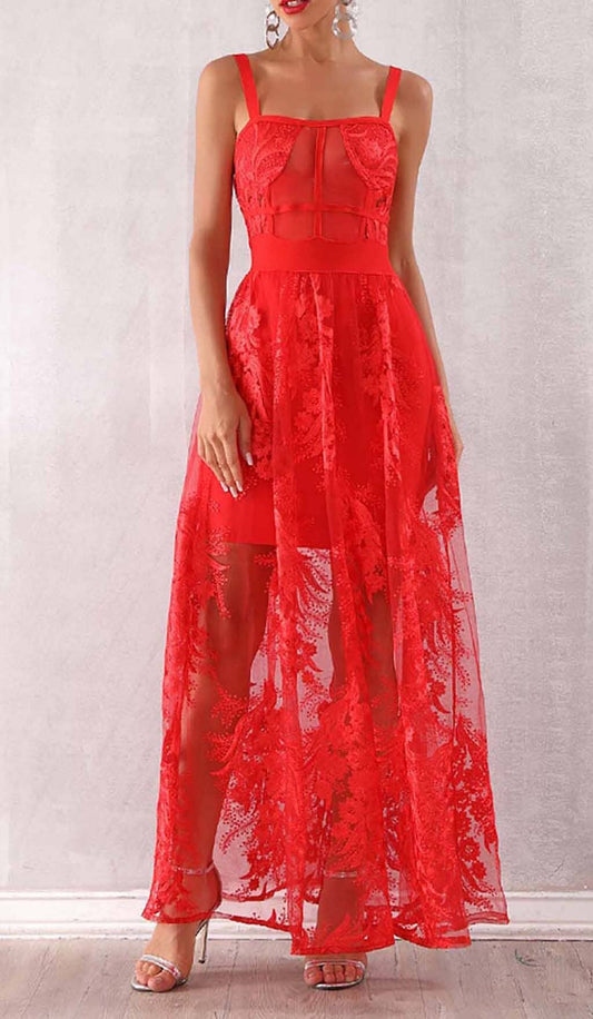 Zophia Floral Corset Lace Maxi Dress In Red