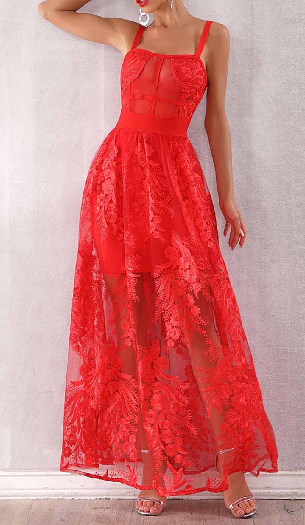 Zophia Floral Corset Lace Maxi Dress In Red