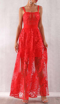 Zophia Floral Corset Lace Maxi Dress In Red
