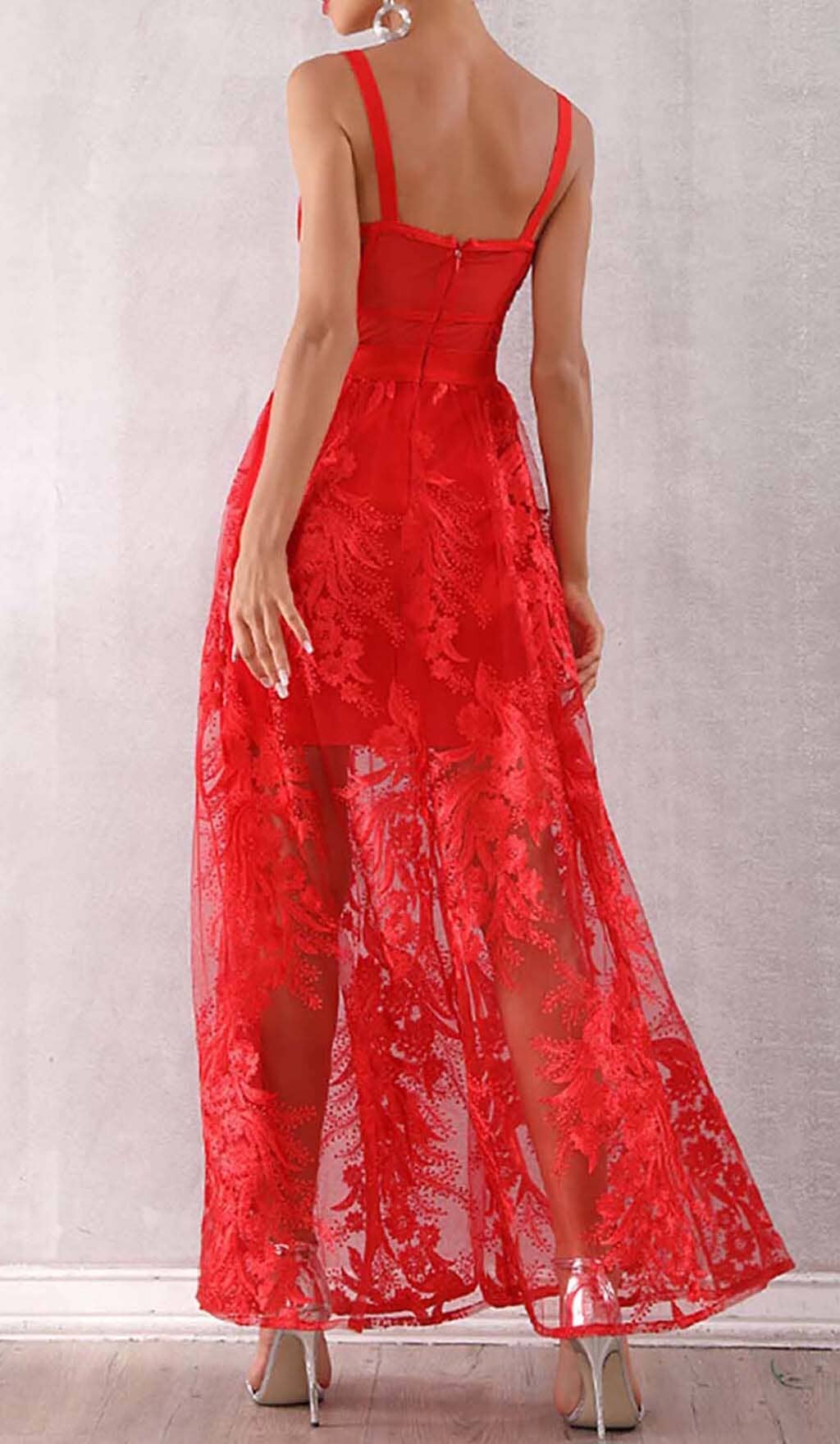 Zophia Floral Corset Lace Maxi Dress In Red