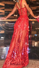 Zophia Floral Corset Lace Maxi Dress In Red