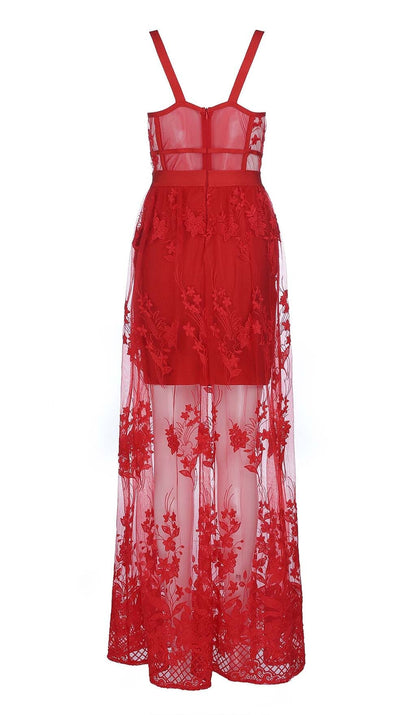 Zophia Floral Corset Lace Maxi Dress In Red