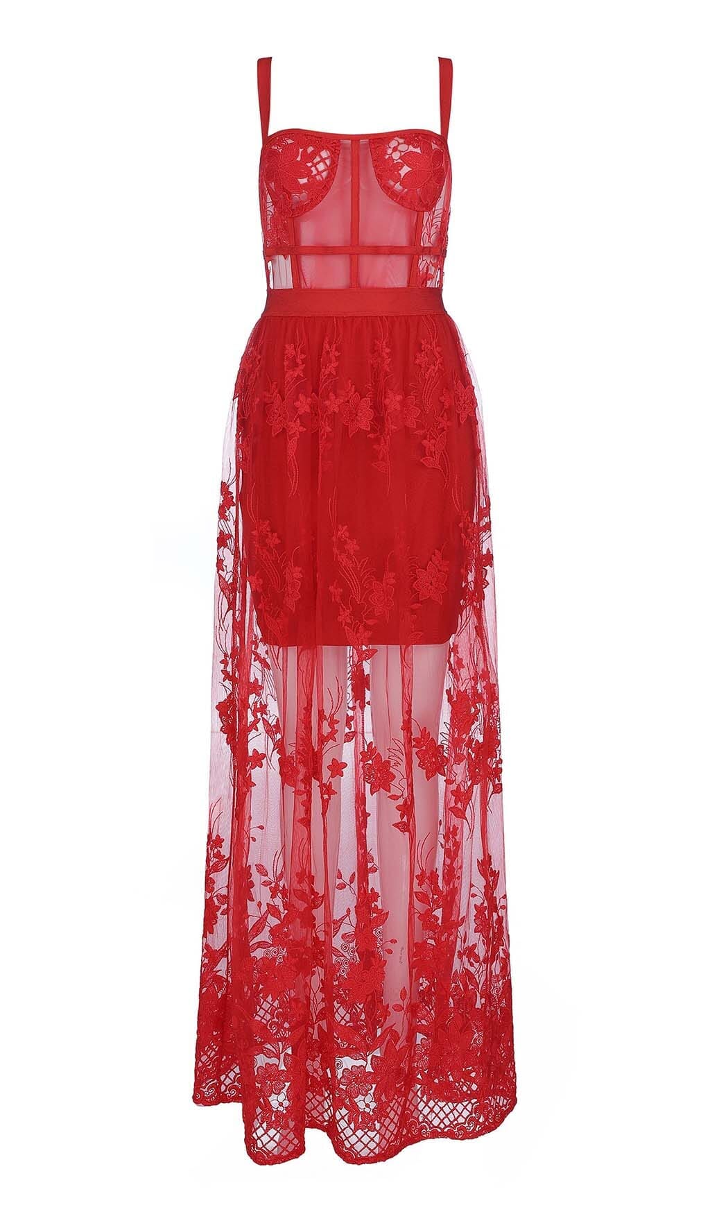 Zophia Floral Corset Lace Maxi Dress In Red