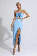 Werza Floral Embellished Slit Midi Dress In Blue