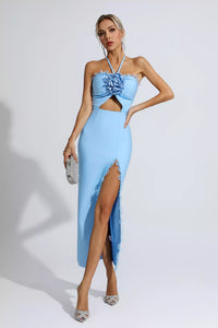 Werza Floral Embellished Slit Midi Dress In Blue