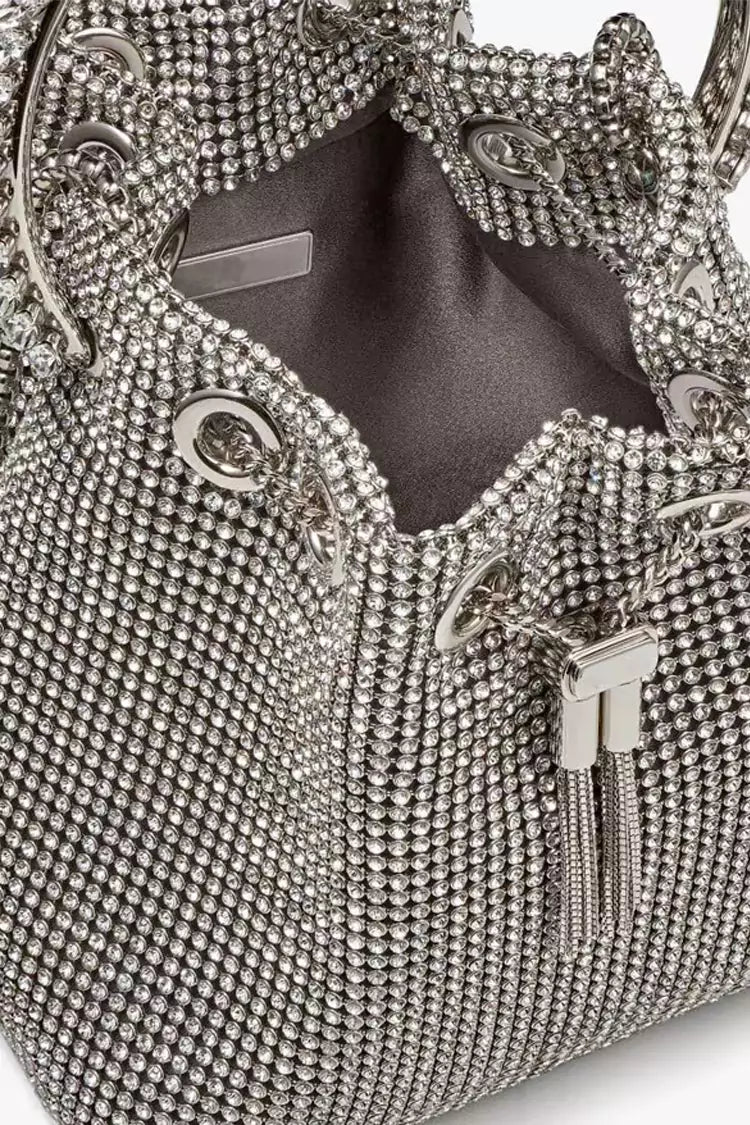 Jojo Silver Crystal Embellished Bucket Bag