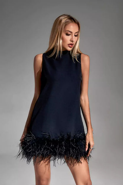 Denise Black Feather Mini Dress