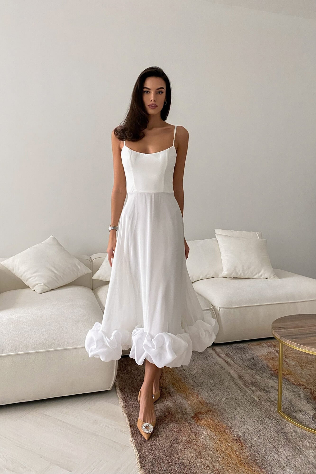 Maryam Flounce Bustier Midi Dress In Milk
