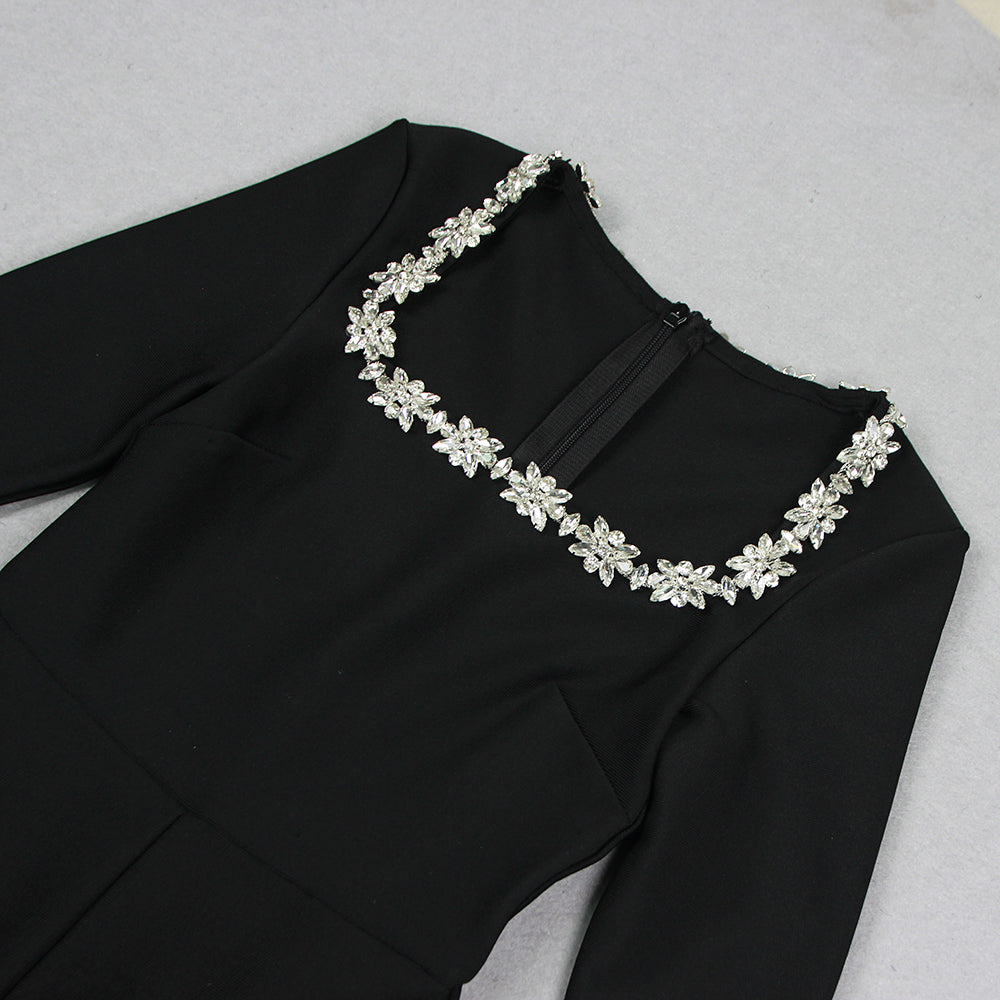 Kellie Long Sleeve Crystal Neckline Jumpsuit In Black