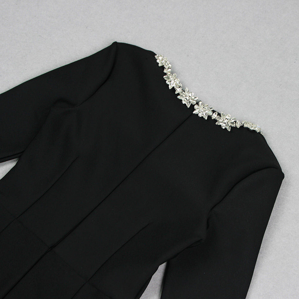Kellie Long Sleeve Crystal Neckline Jumpsuit In Black
