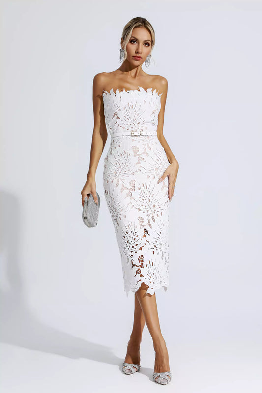 Malani White Floral Lace Midi Dress