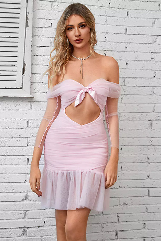 Penny Light Pink Mesh Ruched Mini Dress