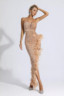 Crystal Strapless Sequin Feather Trimmed Maxi Dress In Emerald