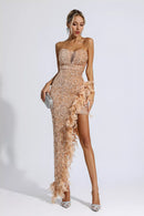 Crystal Strapless Sequin Feather Trimmed Maxi Dress In Emerald