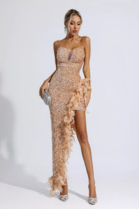 Crystal Strapless Sequin Feather Trimmed Maxi Dress In Emerald