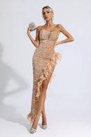 Crystal Strapless Sequin Feather Trimmed Maxi Dress In Emerald