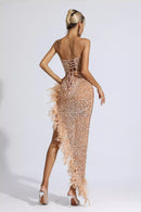 Crystal Strapless Sequin Feather Trimmed Maxi Dress In Emerald