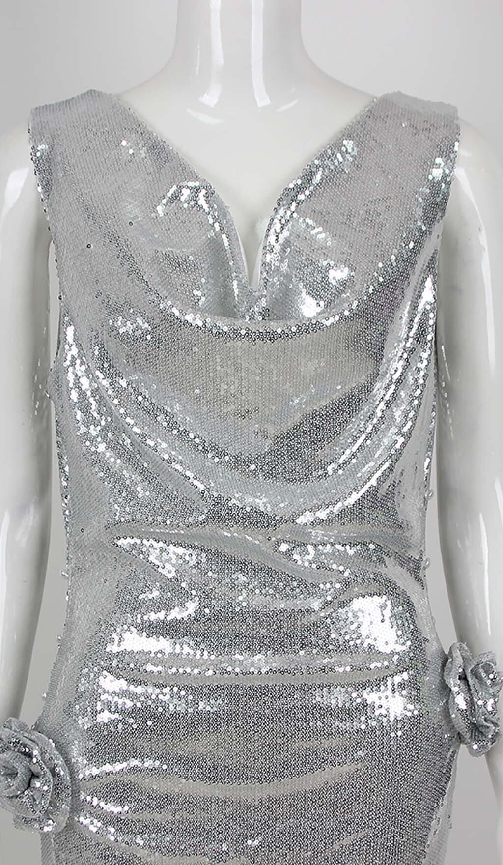 Quincy V-Neck Column Maxi Dress In Silver