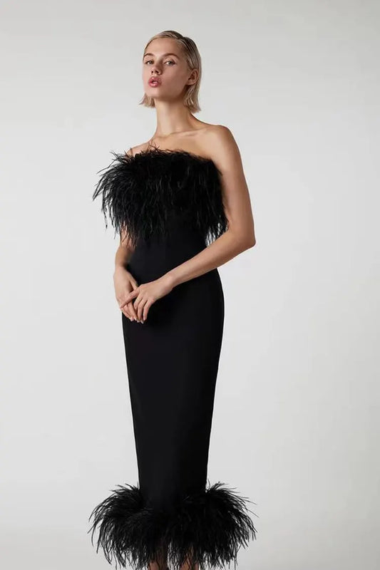 Natalia Black Feather Off-Shoulder Maxi Dress