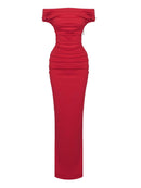 Cupid Slash Neck Pleated Maxi Dress In Red