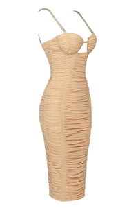 Rikiny Nude Strappy Sequins Embellished Mesh Midi Dress