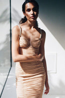 Rikiny Nude Strappy Sequins Embellished Mesh Midi Dress