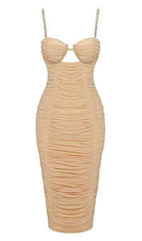 Rikiny Nude Strappy Sequins Embellished Mesh Midi Dress