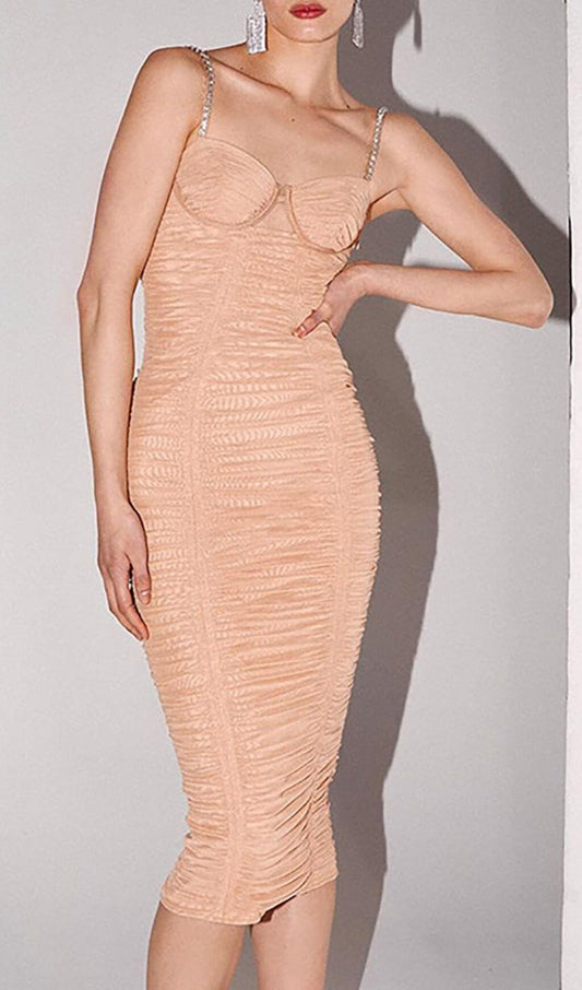 Rikiny Nude Strappy Sequins Embellished Mesh Midi Dress