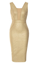 Beyza Plunge Mesh Bandage Midi Dress In Gold