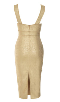 Beyza Plunge Mesh Bandage Midi Dress In Gold