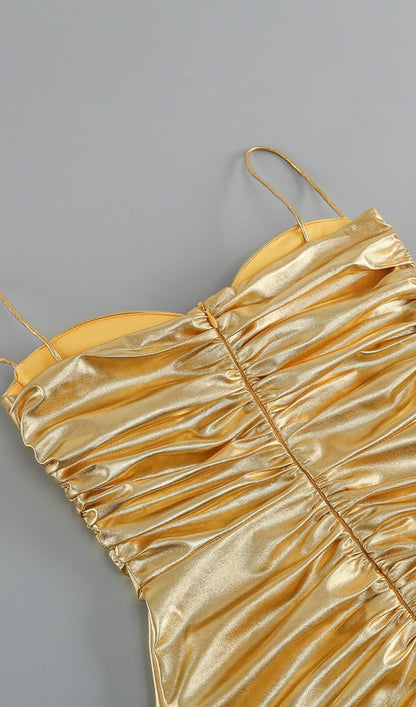 Blend Ruched Strappy Mini Dress In Gold