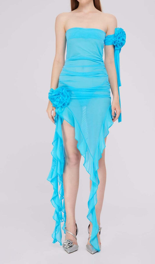 Conzy Ruffle Rosette Mesh Midi Dress In Blue