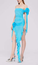 Conzy Ruffle Rosette Mesh Midi Dress In Blue