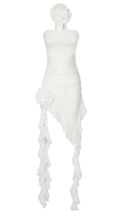 Conzy Ruffle Rosette Mesh Midi Dress In White