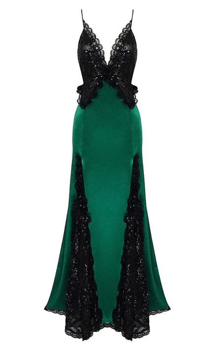 Lori Ruffled Silk Satin Maxi Dress In Green