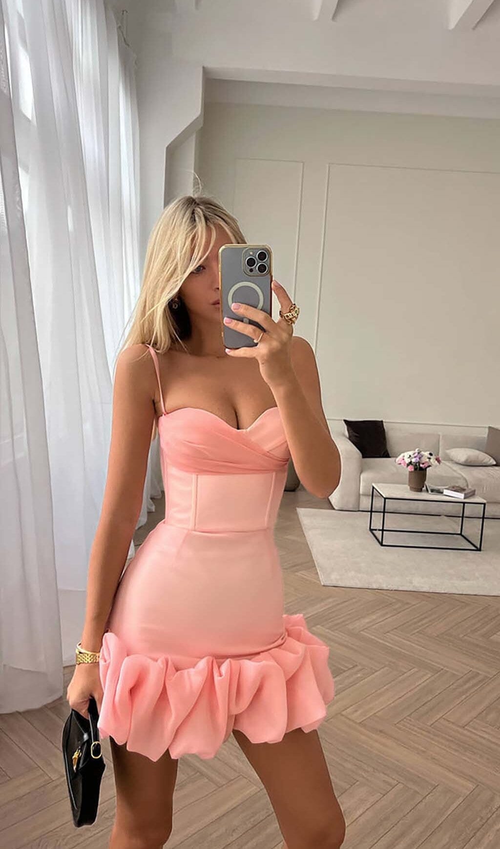 Tiza Ruffled Corset Mini Dress In Peach