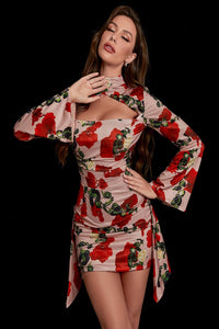 Rose Print Satin Mini Dress