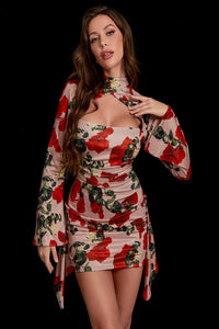 Rose Print Satin Mini Dress