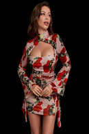 Rose Print Satin Mini Dress