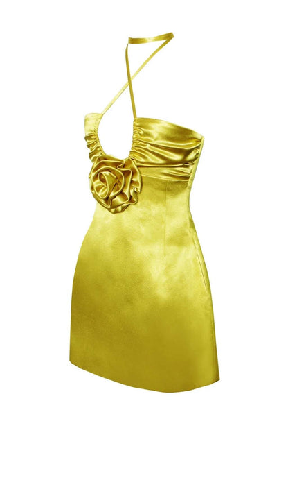 Lakada Satin Strappy Halter Neck Dress In Gold