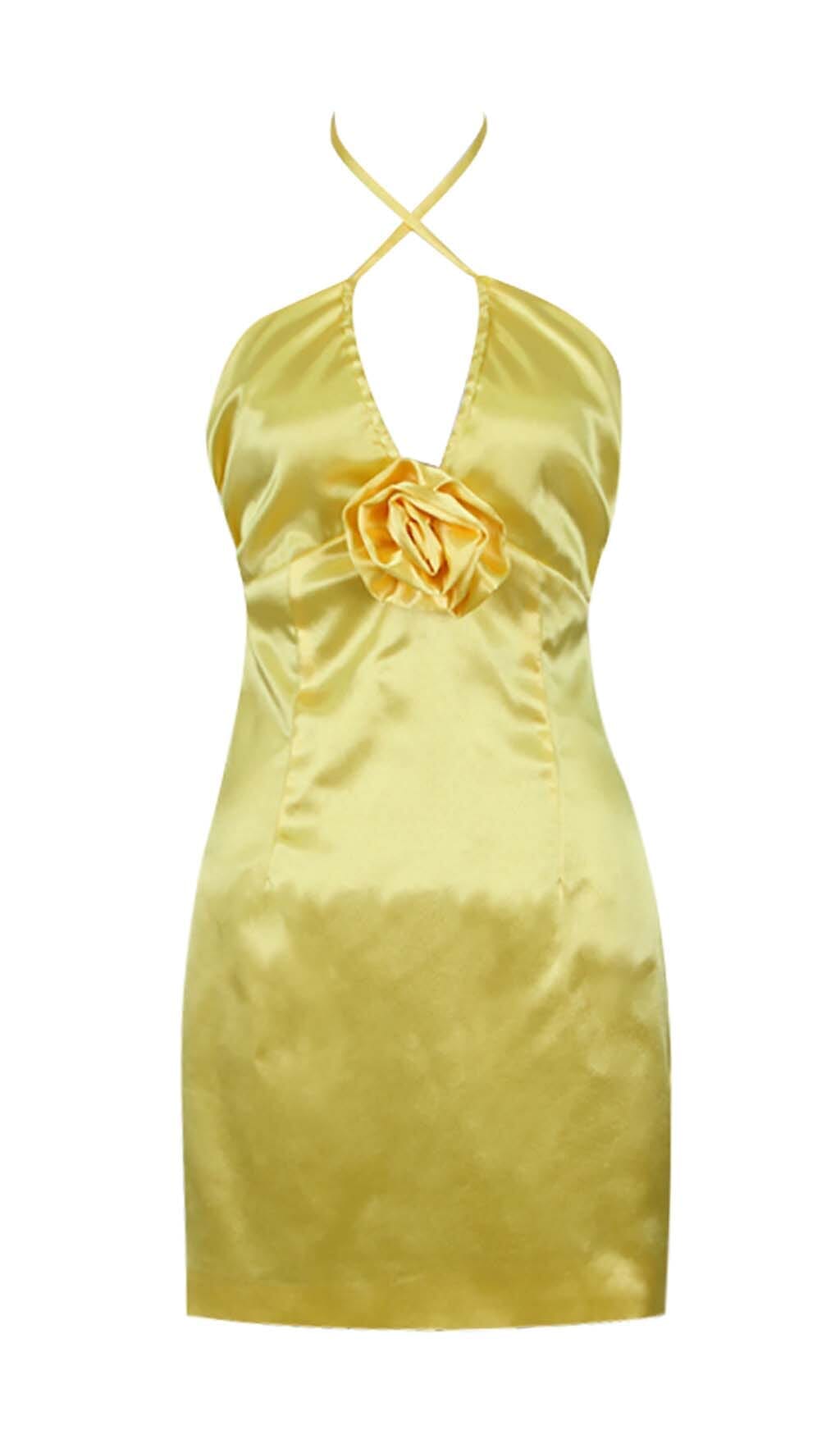 Lakada Satin Strappy Halter Neck Dress In Gold