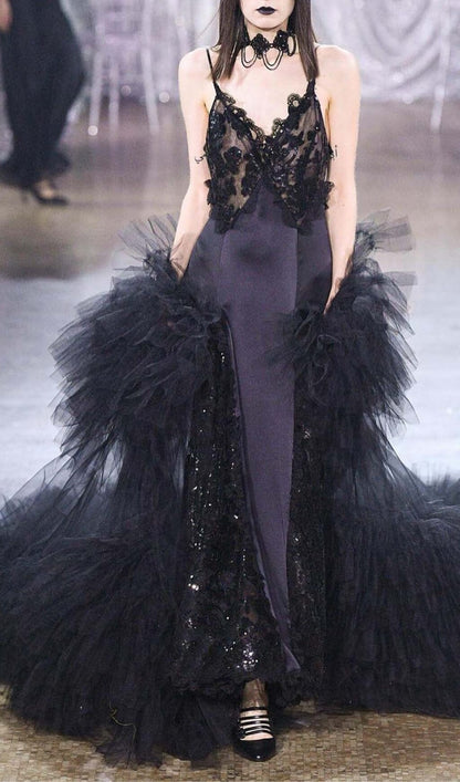 Lori Ruffled Silk Satin Maxi Dress In Black