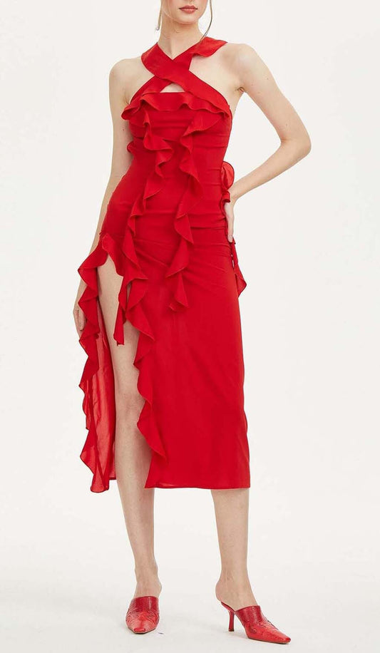 Haven Strapless Ruffle Slit Midi Dress In Red