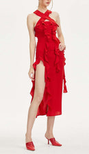 Haven Strapless Ruffle Slit Midi Dress In Red