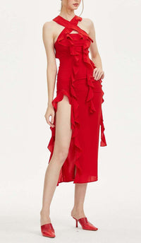 Haven Strapless Ruffle Slit Midi Dress In Red