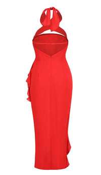 Haven Strapless Ruffle Slit Midi Dress In Red